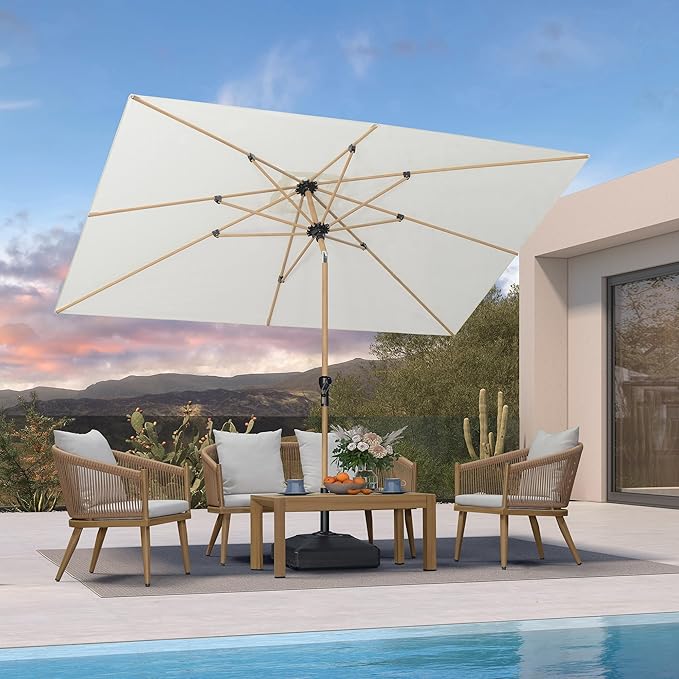 PURPLE LEAF 6.5' x 10' Patio Umbrella Outdoor Table Umbrella Aluminum Market Umbrella with Push Button Tilt & 8 Sturdy Ribs and Crank Rectangular Sun Umbrella for Pool Backyard Beach, Cream