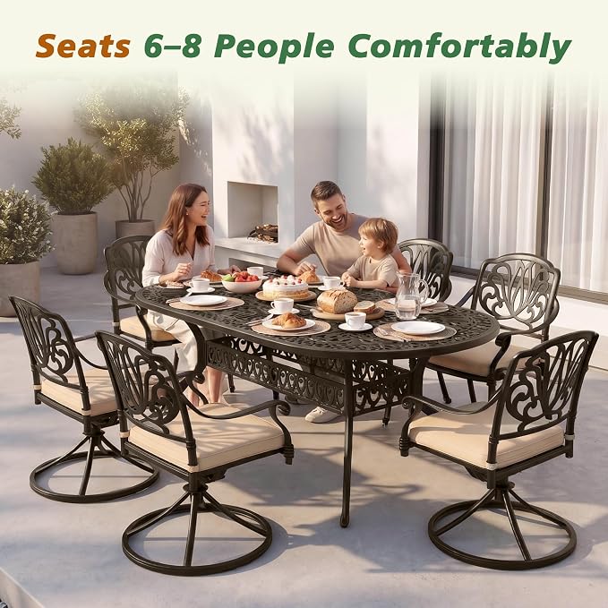 Patio Dining Table, 87" Outdoor Patio Table with Umbrella Hole Bronze Oval Cast Alluminum Patio Metal Dining Table, Outdoor Furniture for Backyard Lawn Balcony Deck