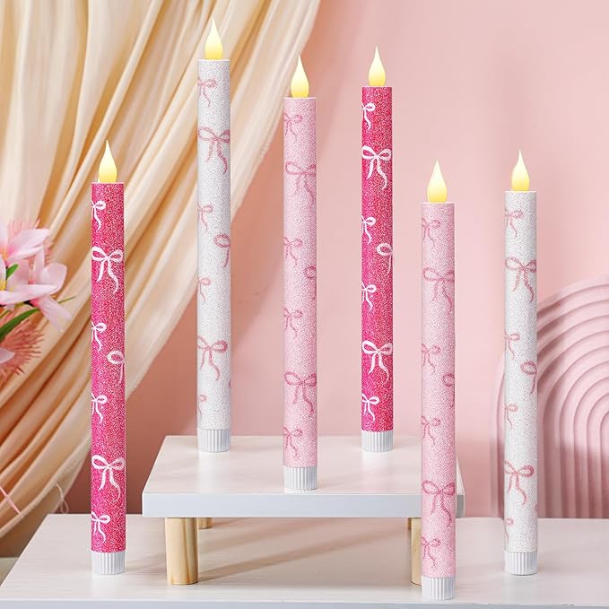 Honoson 6 Pcs Mother's Day Flameless Candles Glitter Bow Taper Candle 10.6 Inch Pink Coquette Candles Battery Operated LED Candlestick for Mother's Day Wedding Bridal Birthday Party Dinner Table Home