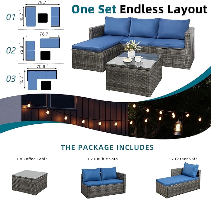 SUNLEI Small Outdoor Sofa Patio Furniture Set with Detachable Cushions, 3 PCS Patio Sectional Sofa with Coffee Table & 5 Position Adjustable,PE Rattan Patio Conversation Set, Silver Rattan/Royal Blue