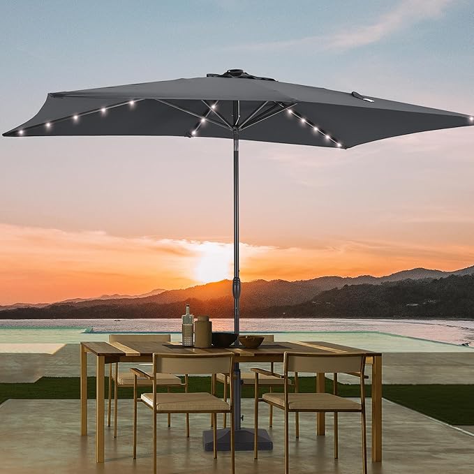 Rectangle Patio Umbrella with Solar Lights, 6x9ft Outdoor Rectangular Table Market Umbrella Patio with Push Button Tilt and Crank for Pool, Deck, Garden,Backyard