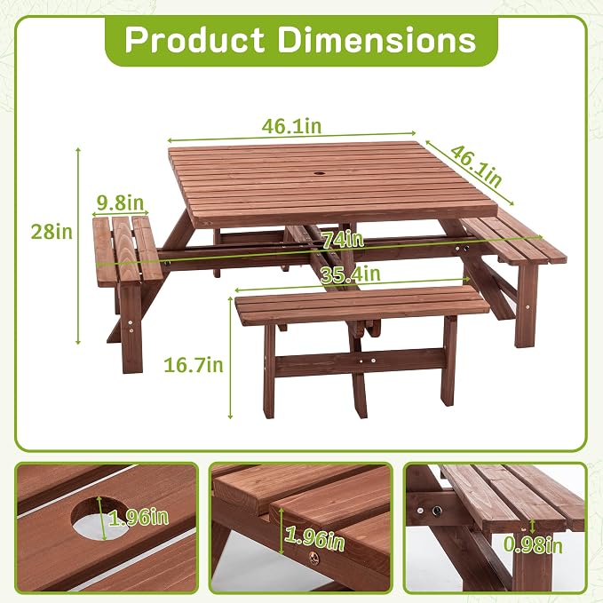 KEIKI 8-Person Square Picnic Table with Benches & Umbrella Hole, Waterproof Outdoor Dining Table with Sturdy Cross Base, Patio Table Set for Backyard Garden Camping, Brown