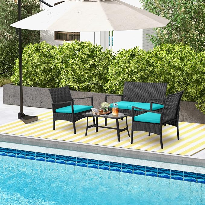 HAPPYGRILL 4 Pieces Patio Wicker Furniture Set PE Wicker Conversation Set, Rattan Sofa Chair with Cushions Tempered Glass Coffee Table, Outdoor Sectional Bistro Set for Poolside Backyard Lawn Garden