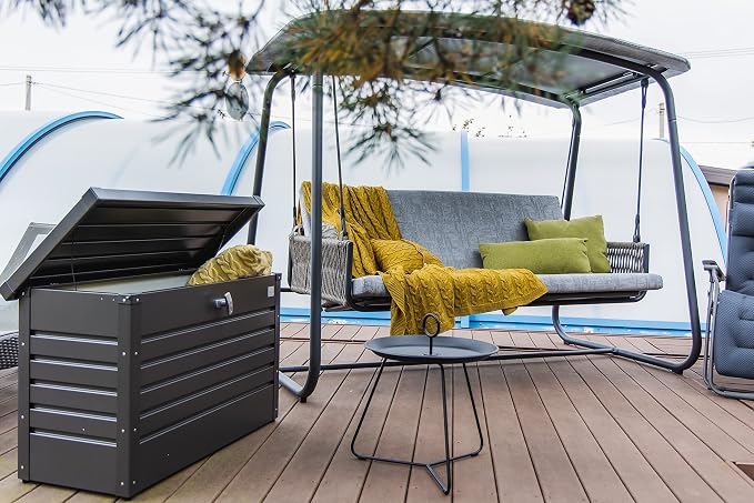 Biohort LeisureTime Metallic Dark Gray Deck Box - 51 Gallon Metal Outdoor Storage, Locking, Waterproof, for Tools, Cushions, Pool & Package Chest, Soft Close Size: 18in x 40in x 25in | 39.7 L x 18 W x 24 H, Durable Outdoor Storage, Locking, Waterproof,...