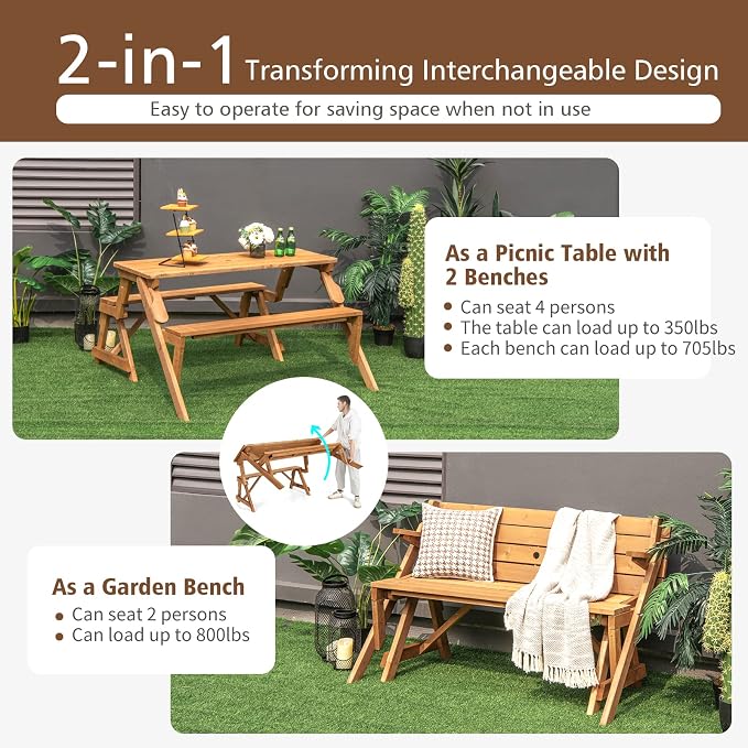 Tangkula 2-in-1 Convertible Wooden Picnic Table, Transforming Interchangeable Outdoor Bench Table with Umbrella Hole, Collapsible Picnic Table and Bench for Garden, Backyard, Porch, Patio