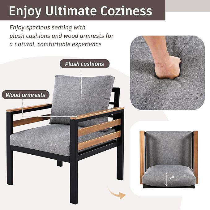 4-Piece Outdoor Patio Furniture Sectional Sofa Set with Acacia Wood Armrests, All-Weather Conversation Set with Removable Cushion and Solid Wood Coffee Table for Garden Backyard (Grey-TH)