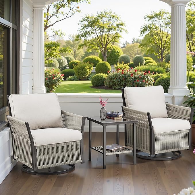 Patio Wicker Chairs Swivel Rocker, Outdoor Swivel Rocking Chairs Set of 2 with Rattan Side Table, 3 Piece Patio Swivel Glider Chair Patio Furniture Sets for Deck Porch Backyard (Beige)
