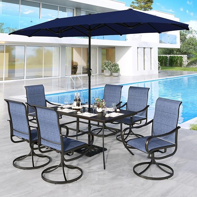 MFSTUDIO Outdoor Dining Set for 6, Patio Furniture Set with Navy Umbrella (Base not Included), Outdoor Rectangle Metal Table and 6 Padded Navy Sling Chairs Set for Patio, Deck, Backyard, Garden