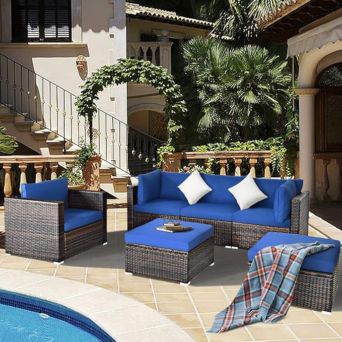 HAPPYGRILL 6-Pieces Patio Conversation Set Outdoor Rattan Wicker Furniture Set, Sectional Sofa Set with Glass Coffee Table Top, Ottoman, Cushions for Backyard Couch Garden Poolside Balcony