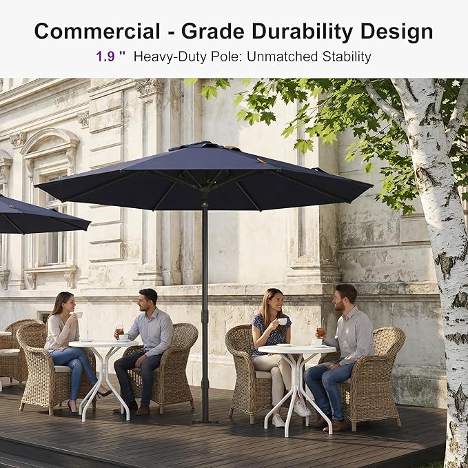 PURPLE LEAF 10Ft Round Semi-Auto Outdoor Patio Umbrella Aluminium Market Umbrella Table Sun Umbrella with 1.89" Rod and 8 Sturdy Ribs for Deck Lawn Pool Garden, Navy Blue