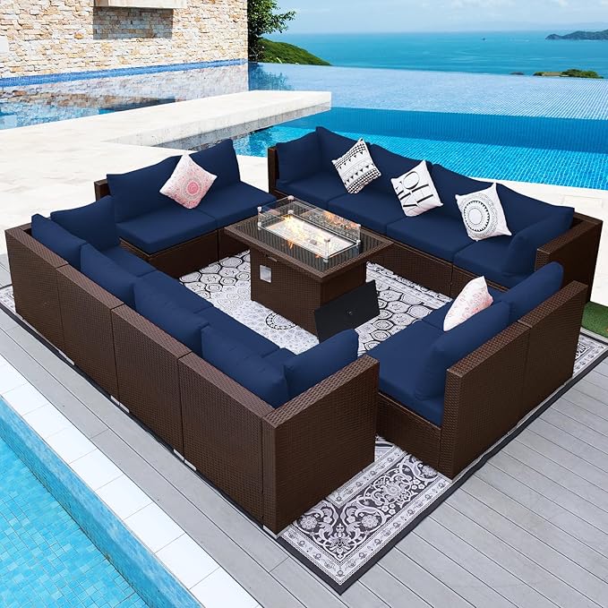 NICESOUL 13 Piece Patio Furniture w/Fireplace, Elegant Outdoor Seating w/Firepit, XL 29.3'' High Back Sectional Sofa, All-Weather Rattan Deck Couch, Modular Sturdy Conversation Set, Brown & Blue