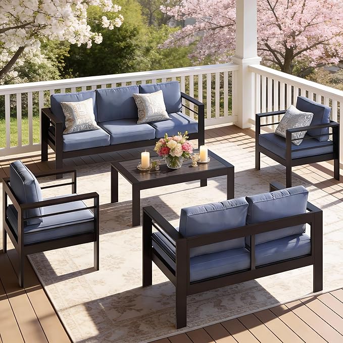 Outdoor Conversation Sets, Aluminum Patio Couch with Outdoor Coffee Table, All-Weather Metal Patio Couch with 5" Thick and Soft Cushion and Wide Arm, Outdoor Sofa Sets for Balcony, Porch, Dark Blue