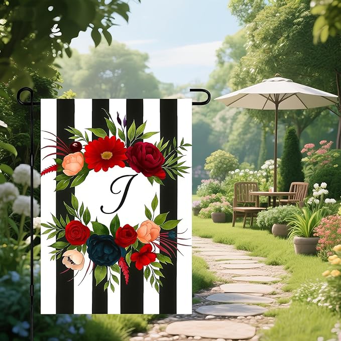 IVN Spring Floral Garden Flag With Mixed Flowers Letter I And Black And White Stripes Garden Flag Double Sided 12x18 Inch Vertical Farmhouse Yard Outdoor Decoration