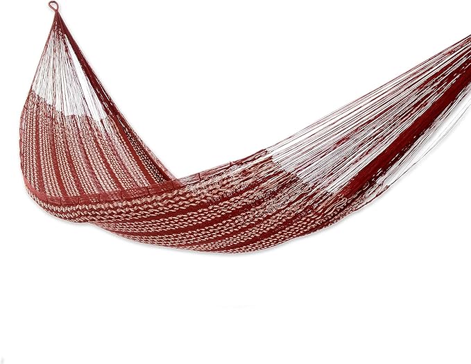 NOVICA Burgundy White Hand Woven Cotton Mayan 2 Person XL Rope Hammock with Hanging Accessories, 'Burgundy Riviera' (Double)