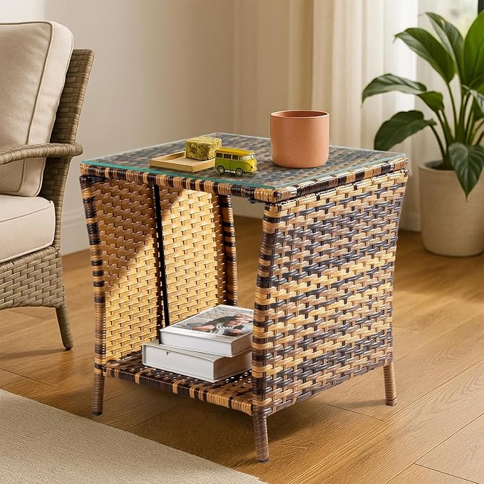 HOMSUPPLIE'S Outdoor Rattan Side Table with Storage, Square Patio Coffee Table w/Tempered Glass Top, Wicker End Table for Porch, Balcony, Poolside & Backyard(Yellow,Tempered Glass sty.3)