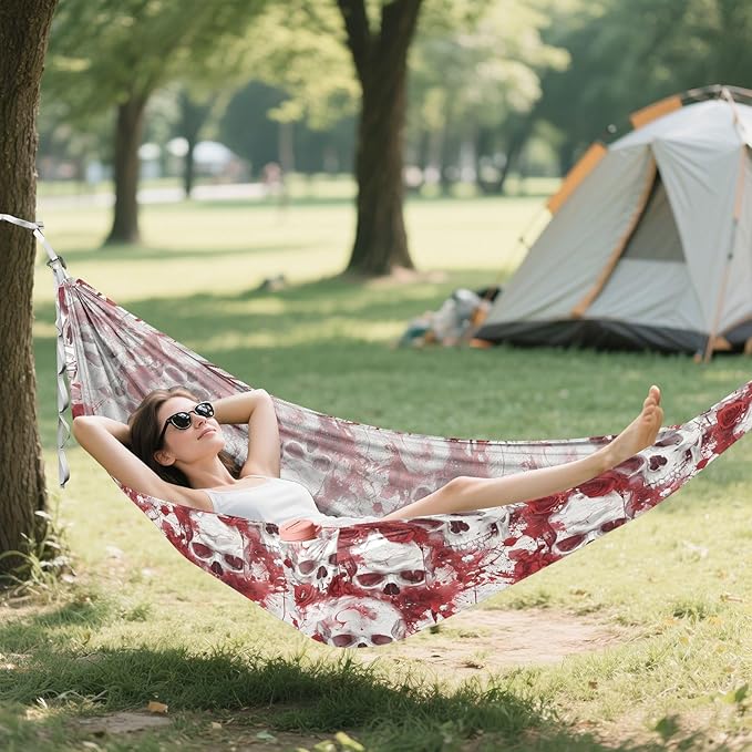 Camping Hammock Outdoor Hammocks for Outside Skeleton Rose Scarlet Beach Trees Portable Lightweight with Pockets Tree Straps Indoor Small