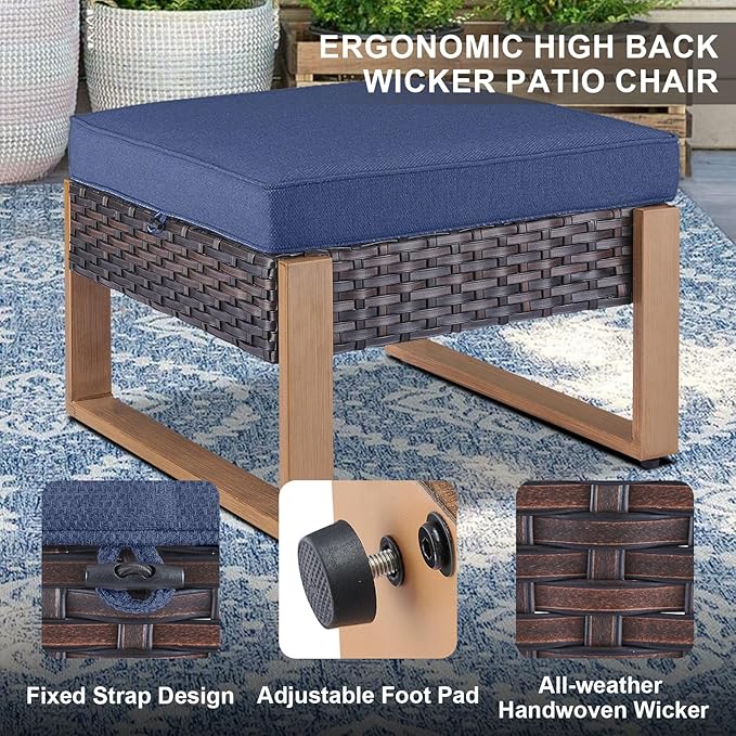 Belord Modern Outdoor Patio Furniture 7 - Person Outdoor Swivel Glider Seating Group, Backyard Wicker Furniture Set with Aluminum Armrests, Brown Wicker Blue Cushion