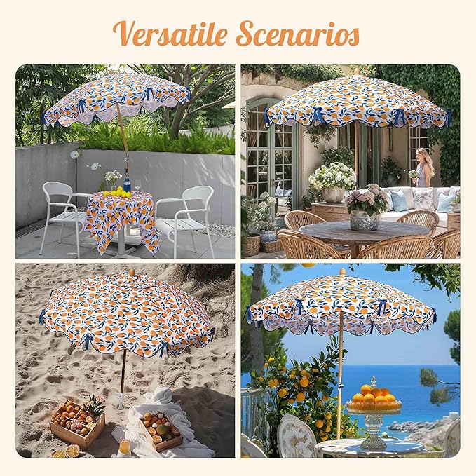 LAGarden Fringe Patio Umbrella with Carry Bag & Cover Vintage Wood for Event Outdoor Garden Yard Wedding Bistro Table