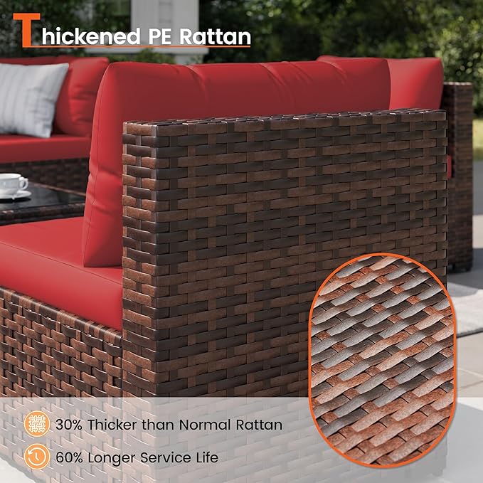 Patio Furniture Set, 7-Piece Outdoor Sectional Rattan Sofa Set with Coffee Table (Burgundy Cushions with Brown Rattan)
