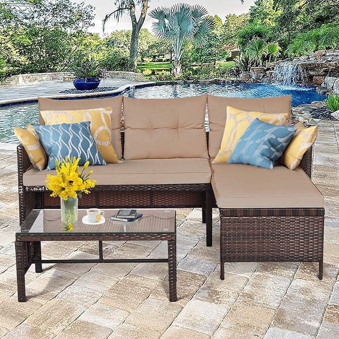 Fireflowery 3-Piece Outdoor Rattan Sectional Sofa Set, Patio Wicker Rattan Conversation Furniture Set, Steel Frame & Seat Cushion, Perfect for Garden Lawn Pool Backyard (Brown)