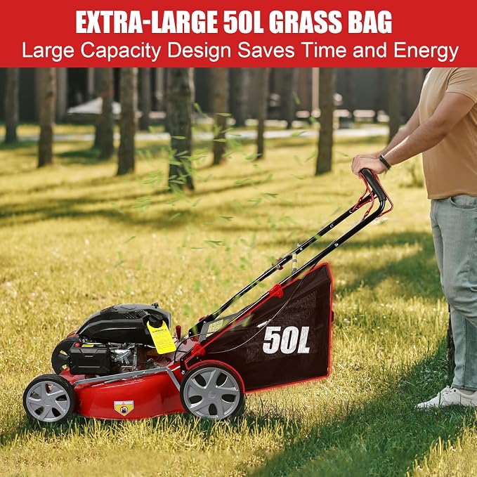 Self Propelled Gas Lawn Mower, 141cc 4-Stroke Push Lawn Mower, 20 Inches Walk-Behind Lawn Mowers, Cordless Lawn Mowers Manual Lawn Mowers with 50L Grass Tank ＆ Big Wheels for Home, Yard, Gard