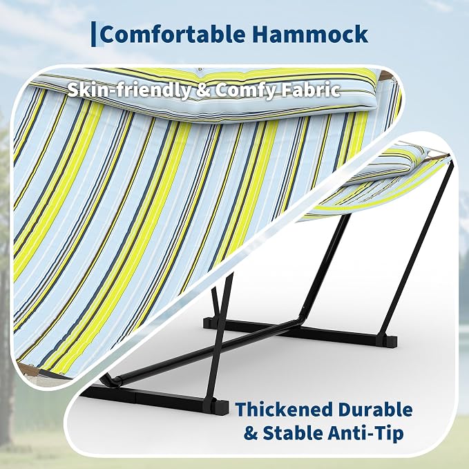 2 Person Outdoor Hammock with Stand, 450LBS Capacity, Heavy Duty Hammock with Carrying Bag & Soft Pillow, Portable Indoor Outdoor Hammock, Perfect for Backyard Patio Beach