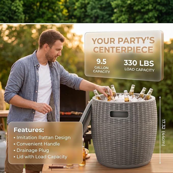 Zapdos 9.5 Gallon Outdoor Cooler Table, 4-in-1 Patio Side Table Cooler and Wicker Storage Stool, 330lbs Capacity Lid