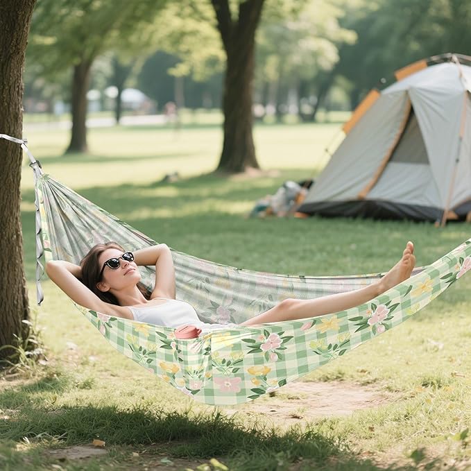 Camping Hammock Outdoor Hammocks for Outside Pink Green Yellow Plaid Flowers Beach Trees Portable Lightweight with Pockets Tree Straps Indoor