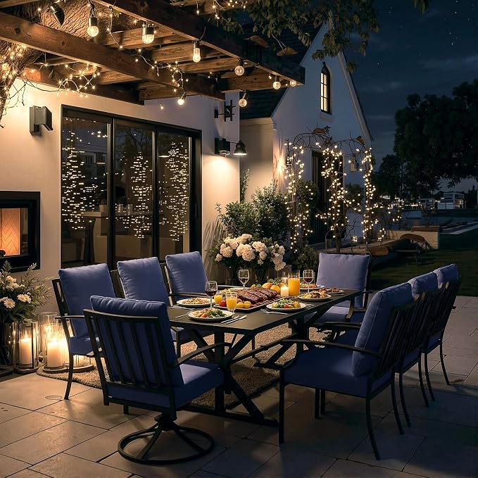 Kullavik 9 Pieces Outdoor Dining Set,Patio Dining Table and Chairs Set for 8,Fence Pattern Back Chairs with Thickened Cushions & X-Frame Metal Dining Table with Umbrella Hole for Patio,Navy Blue