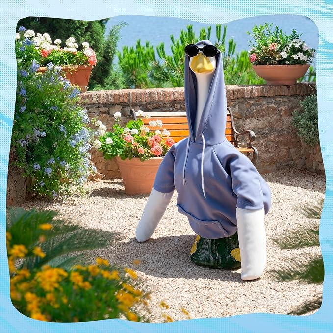 Blue Hoodie Goose Outfit Hooded Sweatshirt Porch Goose Clothes Dress with Wide Hat Sunglass Blue Sweatshirt Geese Costume for 17-23 Inch Geese Statue Luau Outdoor Patio Lawn Yard Garden Decor