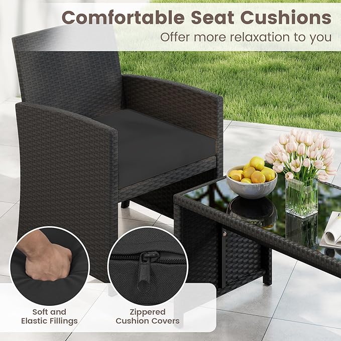 HAPPYGRILL 4 Piece Rattan Wicker Patio Conversation Set, Outdoor Furniture with Chair Loveseat Table & Cushion, for Backyard Porch Balcony (1, Black & Black)