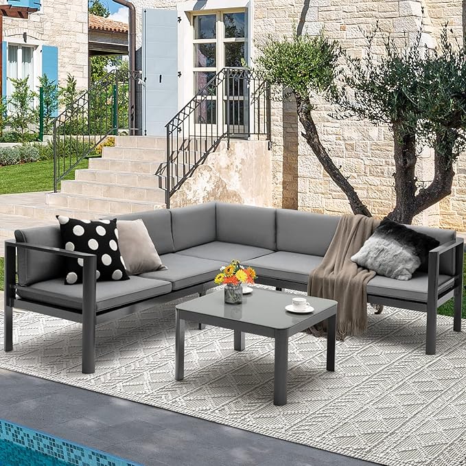 Tangkula 3 Piece Aluminum Patio Furniture Set, Patiojoy Outdoor Sectional Sofa Set with 6-Level Reclining Backrest, Tempered Glass Tabletop, Seat & Back Cushions for Backyard, Poolside (Grey)