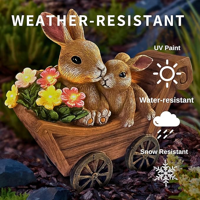 PRETMANNS Solar Garden Outdoor Statue Bunny Decor with Lights - Rabbit Lawn Ornament for Outside Yard Patio - Animal Figurines Gift for Mom Grandma - Waterproof Resin Garden Statues Outdoor - Medium