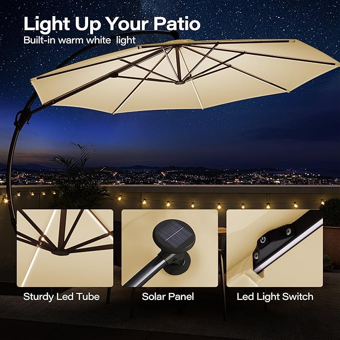 Kingdura 11ft Offset Cantilever Patio Umbrella with Solar Lights, Large Round Outdoor Umbrella with Base Included, Aluminum Frame, 360° Rotation & Infinite Tilt for Deck Pool Backyard, Champagne