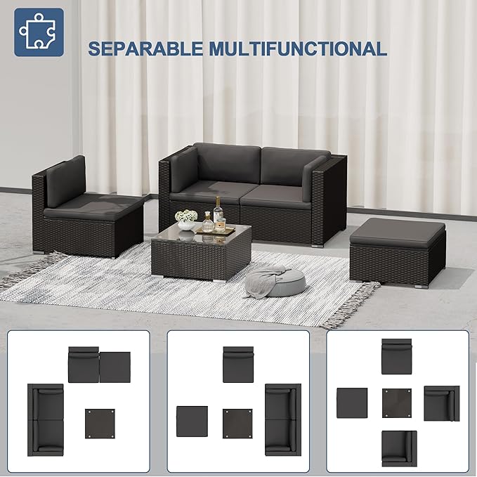 Oakcloud 5-Piece Outdoor Patio Furniture Sofa Set Black Rattan Wicker Sectional Conversation Sets with Glass Top Table and Cushions(Grey)
