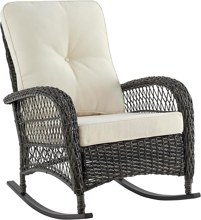 Manhattan Comfort Fruttuo Outdoor Rocking Chair with Removable Waterproof Cushions, Made of Steel Rattan, Weather-Resistant Patio Rocker with Curved Edge and Sturdy Steel Frame, Cream