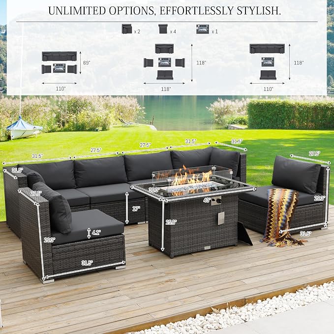 BULEXYARD 7 Piece High Back Outdoor Furniture Set with Fire Pit, Contemporary All Weather Wicker Patio Couch Sofa Set, Extra Large Modular 6-Seater Sectional Backyard Seating Wide Deep for Lawn, Grey