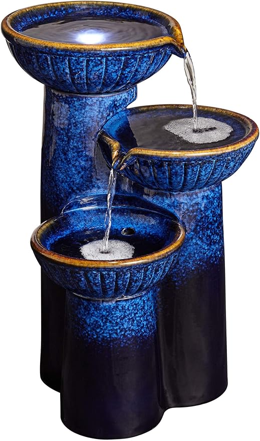 3-Bowl 26 3/4" High Large Modern Outdoor Decor Blue Cobalt Ceramic Floor Fountain with Light LED Standing Waterfall Tiered Water Feature for Outside Garden Patio Yard Backyard - John Timberland
