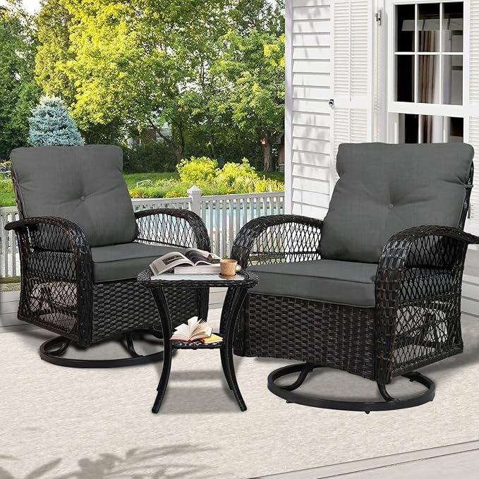 SHGJ&SOFT 3 Piece Patio Furniture Set, 2 Outdoor Swivel Rocking Chairs with Side Table, Wicker Glider Chairs, All-Weather Rattan Bistro Set for Porch, Deck, Pool (Grey, Brown Open-Weave Rattan)