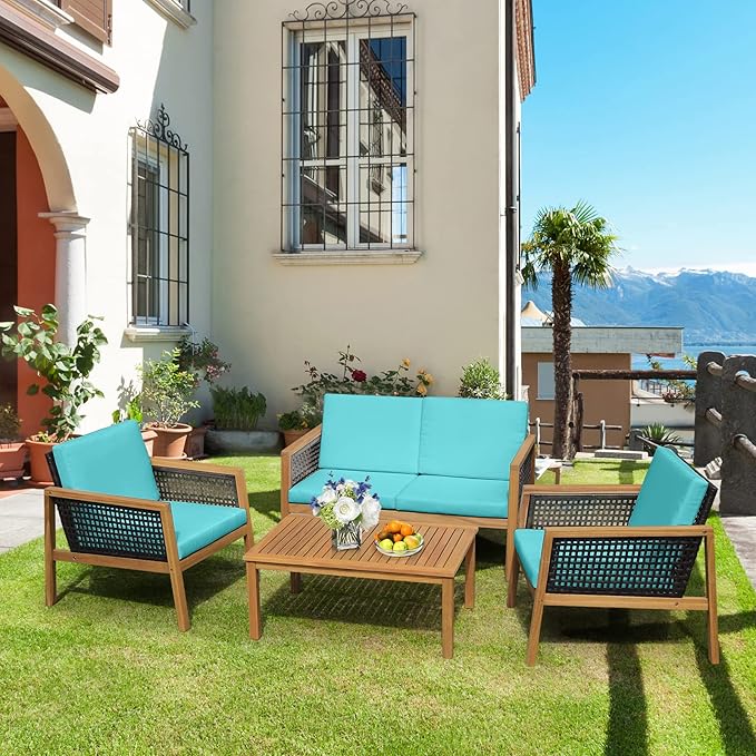 4 Pieces Outdoor Acacia Wood Furniture Set, Outdoor PE Wicker Conversation Set with Coffee Table and Soft Cushions, Outdoor Sofa Set for Garden, Poolside and Backyard (1, Turquoise)