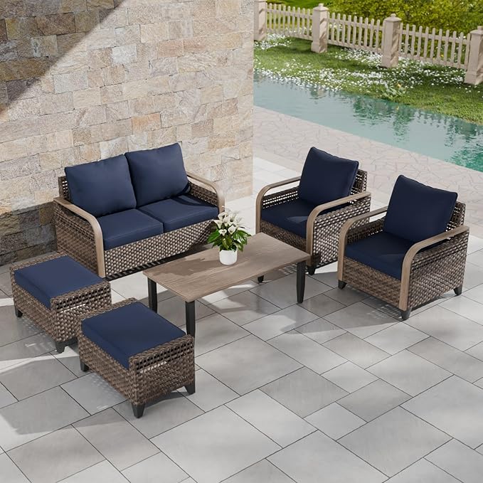 COOS BAY Modern Wicker Outdoor Furniture Set, 6 Piece Patio Conversation Set with 2 Patio Chairs, a 3 Seat Couch, 2 Ottomans and Coffee Table, 6 Piece, Brown/Blue