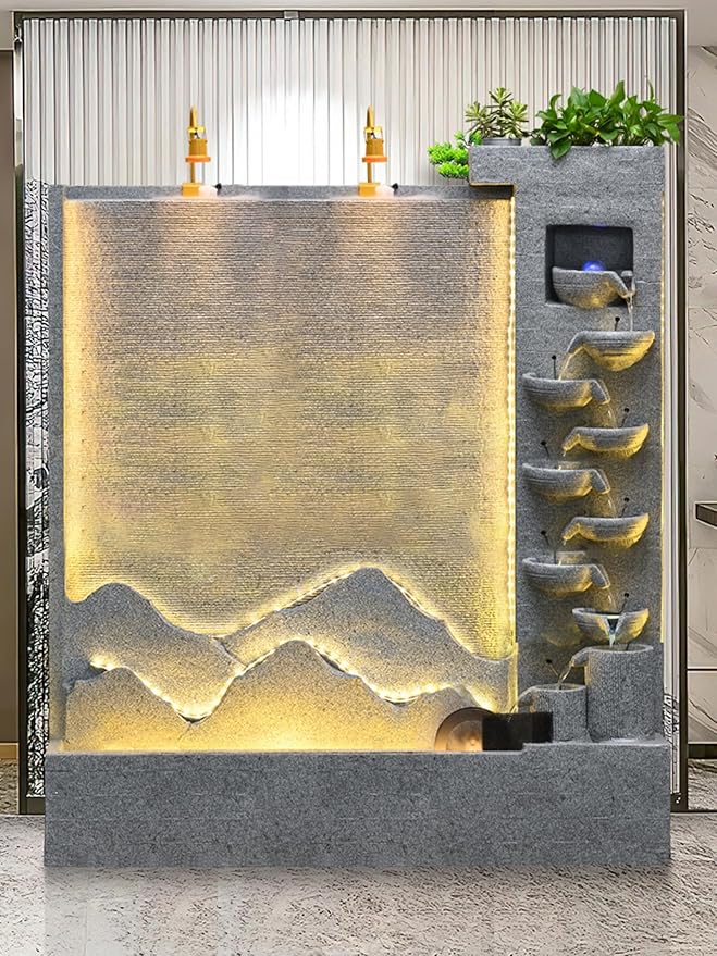 Outdoor Cement Water Fountain with LED Lights, 6-Foot Tall Wall Waterfall Fountain for Garden, Yard, and Patio - Durable, Energy-Efficient, UV-Resistant (Left+Right)(Right)