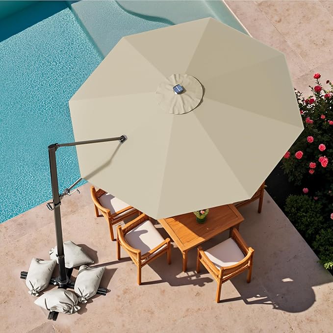 Devoko 10ft Solar LED Patio Umbrella, Round Cantilever Outdoor Umbrella with Solar Lights and 360-Degree Rotation, Large Hanging Offset Market Umbrella with Easy Tilt for Patio Deck Garden,Beige