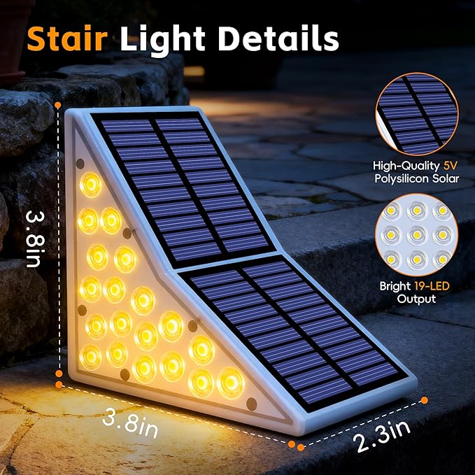 Solar Stair Lights Outdoor, Waterproof IP65 Solar Outdoor Lighting, 1200mAh,19 LED,Outdoor Step Lights,for Garden Stairs, Decks, Front Steps Porch and Terrace,3000k Decorative Art(8Pack)