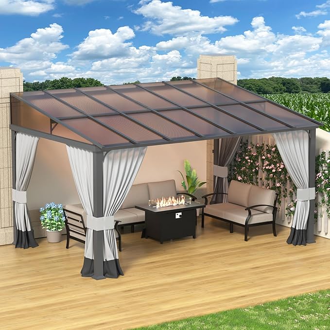10' x 14' Lean to Gazebo,Large Wall Mount Heavy Duty Gazebos Pavilion,Outdoor Hardtop Pergola Shelter with Curtains and Netting,Sunshade for Patio Garden Lawn Backyard Deck,Grey