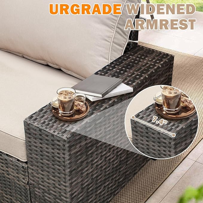 5 Pieces Patio Furniture Set, Wicker Outdoor Sectional Sofa with Cushion & Coffee Table, Wider Armrest Patio Conversation Sofa for Party, Garden, Sunroom, Beige
