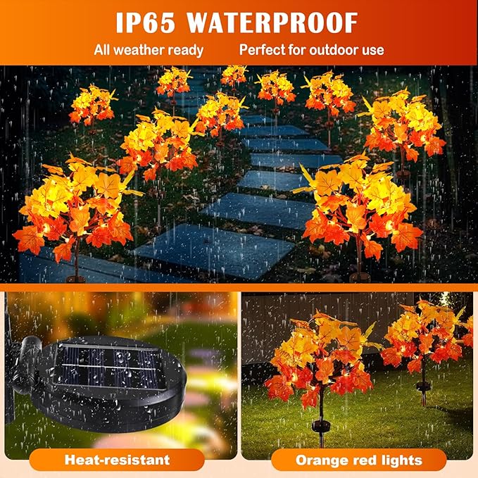 Fall Solar Lights Outdoor Decorative, 2Pack 40LED Solar Fall Lights Waterproof for Yard & Garden,Fall Outdoor Decorations for Yard, Maple Leaf Thanksgiving Halloween Christmas Grave Décor (2 Pack)