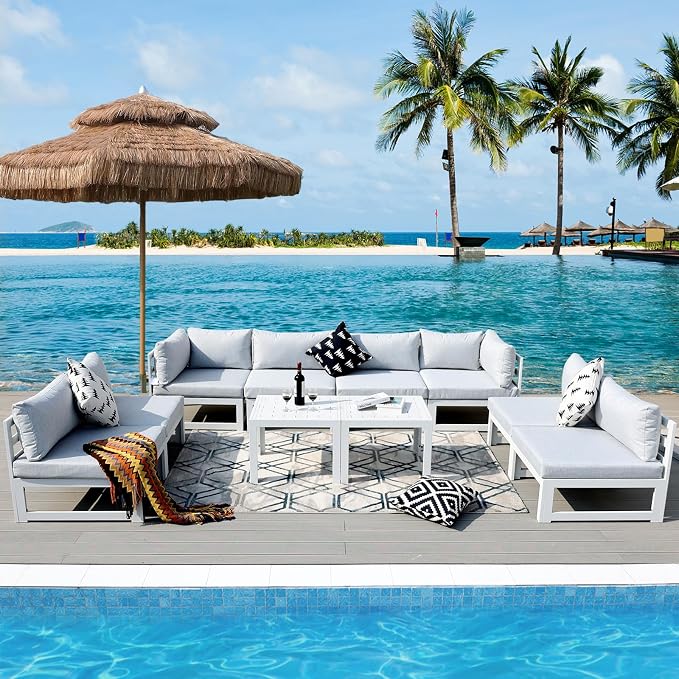 RADIATA 8 Person Modern Aluminum Outdoor Patio Furniture Set, 29 inch Wide Deep Seating, All-Weather Anti-Rust L Shaped Modular Sectional Couch, Large Comfy Conversation Set for Backyard Lawn, White