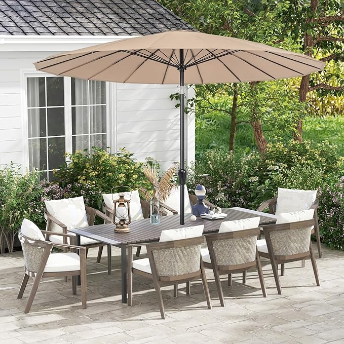 Tangkula 9FT Round Patio Umbrella, Outdoor Market Umbrella with 18 Fiberglass Ribs, Push Button Tilt, Crank, Fade-resistant Canopy & Ventilation, Aluminum Table Umbrella for Backyard, Pool (Tan)