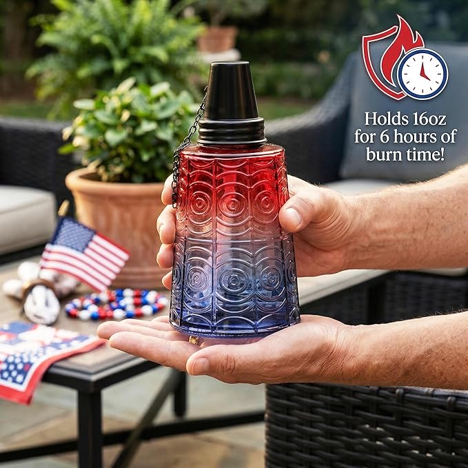 Seraphic Citronella Table Top Torches for Outdoor Patio, 16oz Decorative Glass Torch Citronella Candles for Outside Deck, Garden, Parties, Set of 3, Red/White/Blue